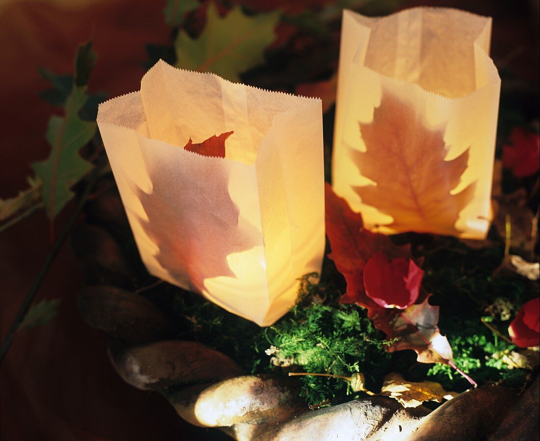 Paper-bag candles lanterns decorated with autumn leaves