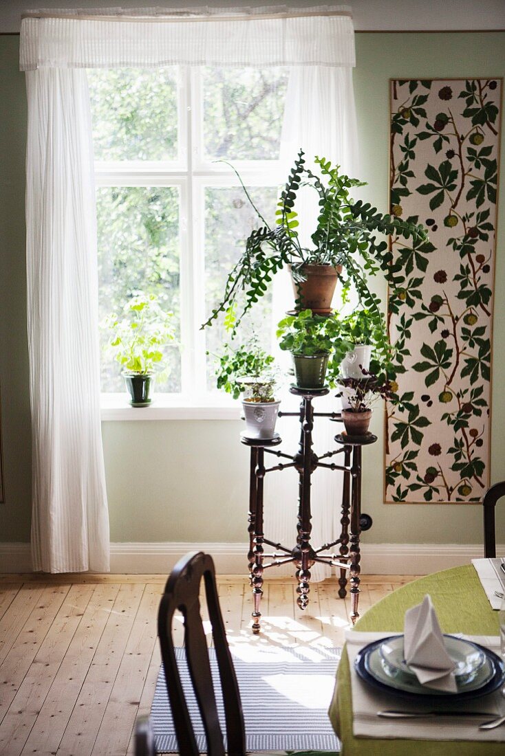 Various foliage plants on flower stand made from turned wood below window next to panel with botanical pattern