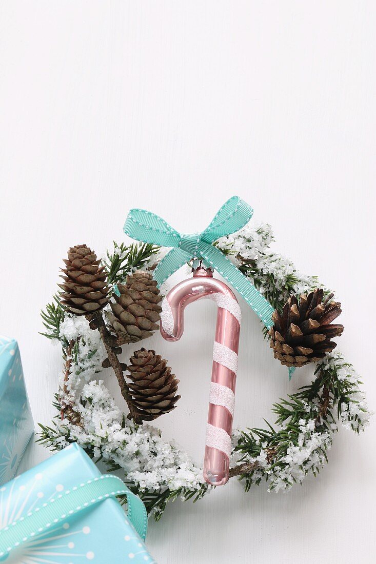 Festive wreath with Christmas tree bauble