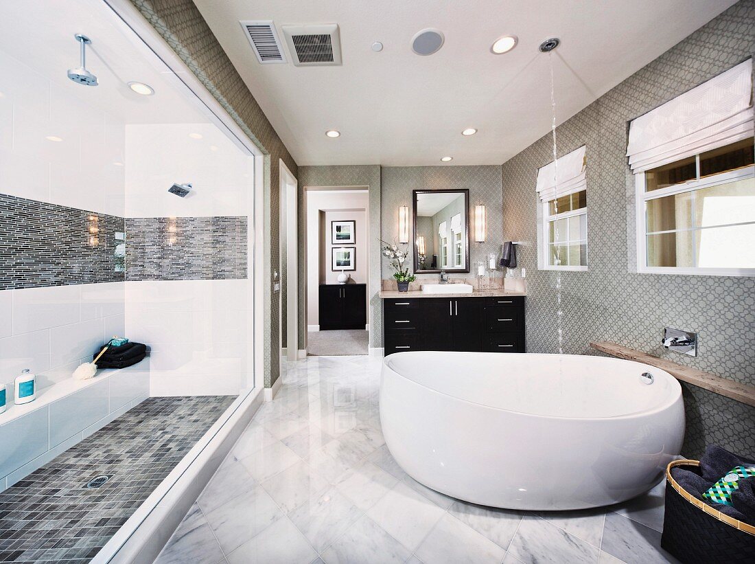 Free-standing bathtub in modern bathroom; Brea; California; USA