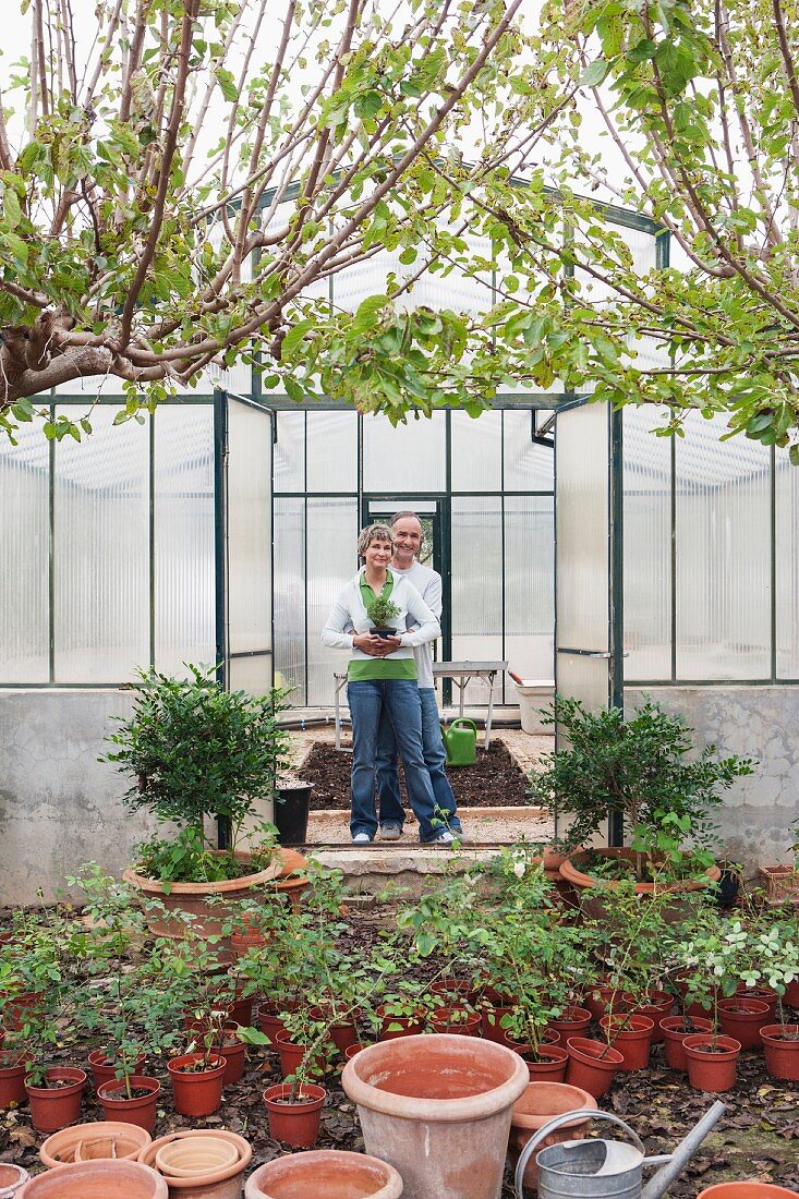 Blick durch geöffnete Türen auf lächelndes Paar in einem Gewächshaus; Pflanztöpfe im Vordergrund