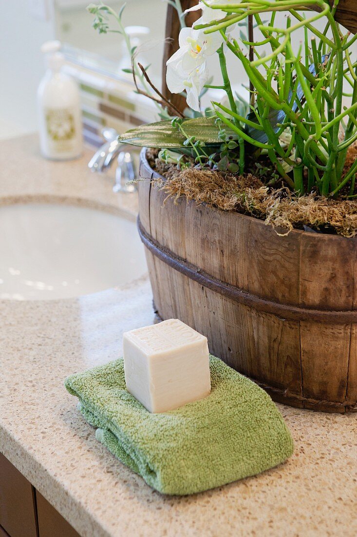 Green towel and soap on bathroom counter; San Marcos; California; USA
