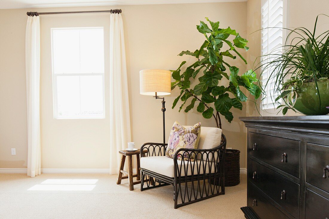 Sitzecke am Fenster mit Sessel, Zimmerpflanze, Stehlampe & Kommode