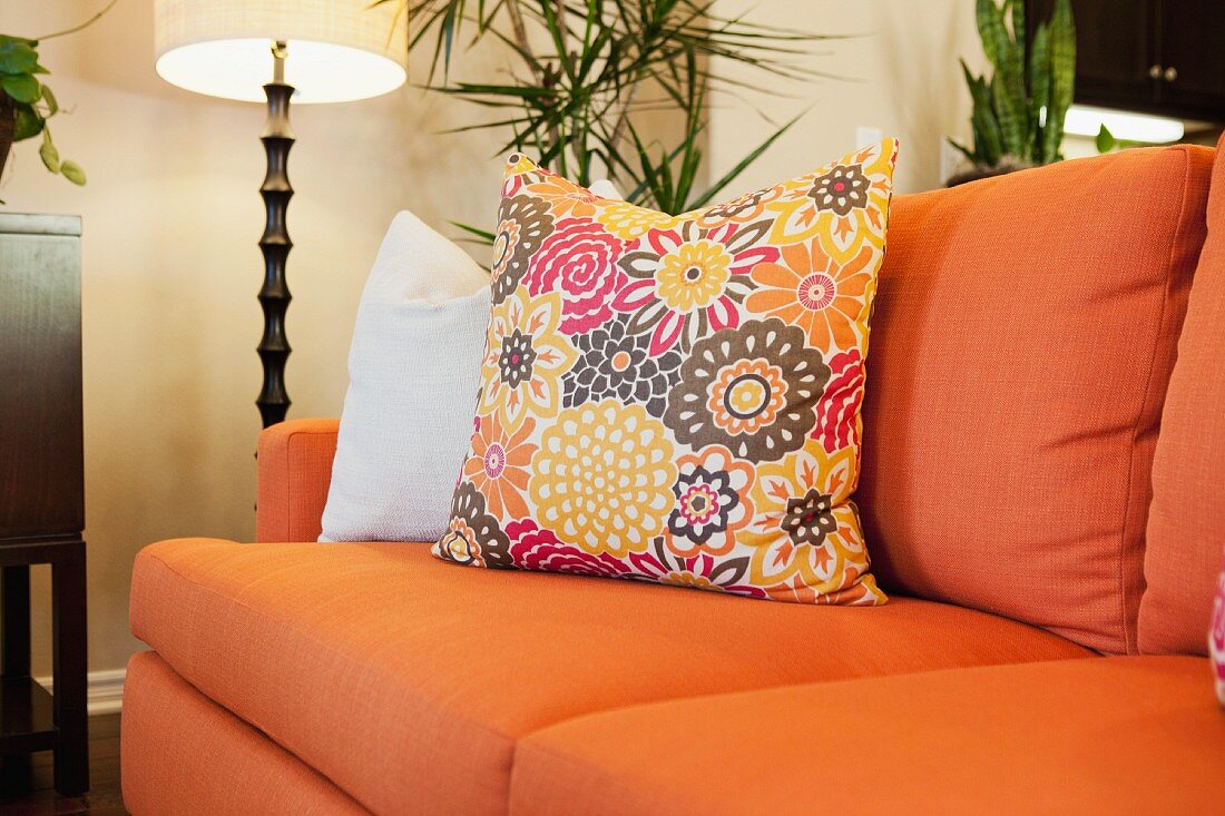 Lachsfarbene Couch mit Zierkissen & Stehlampe (Ausschnitt)