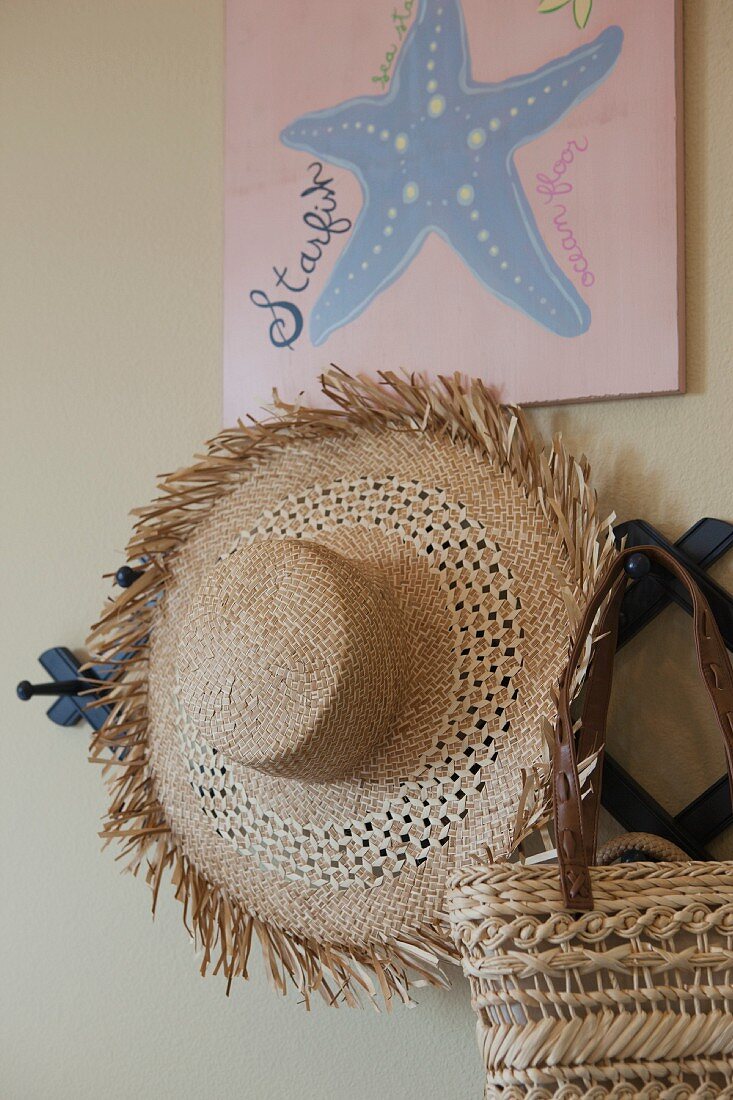 Close-up of hat and basket hanging on the wall
