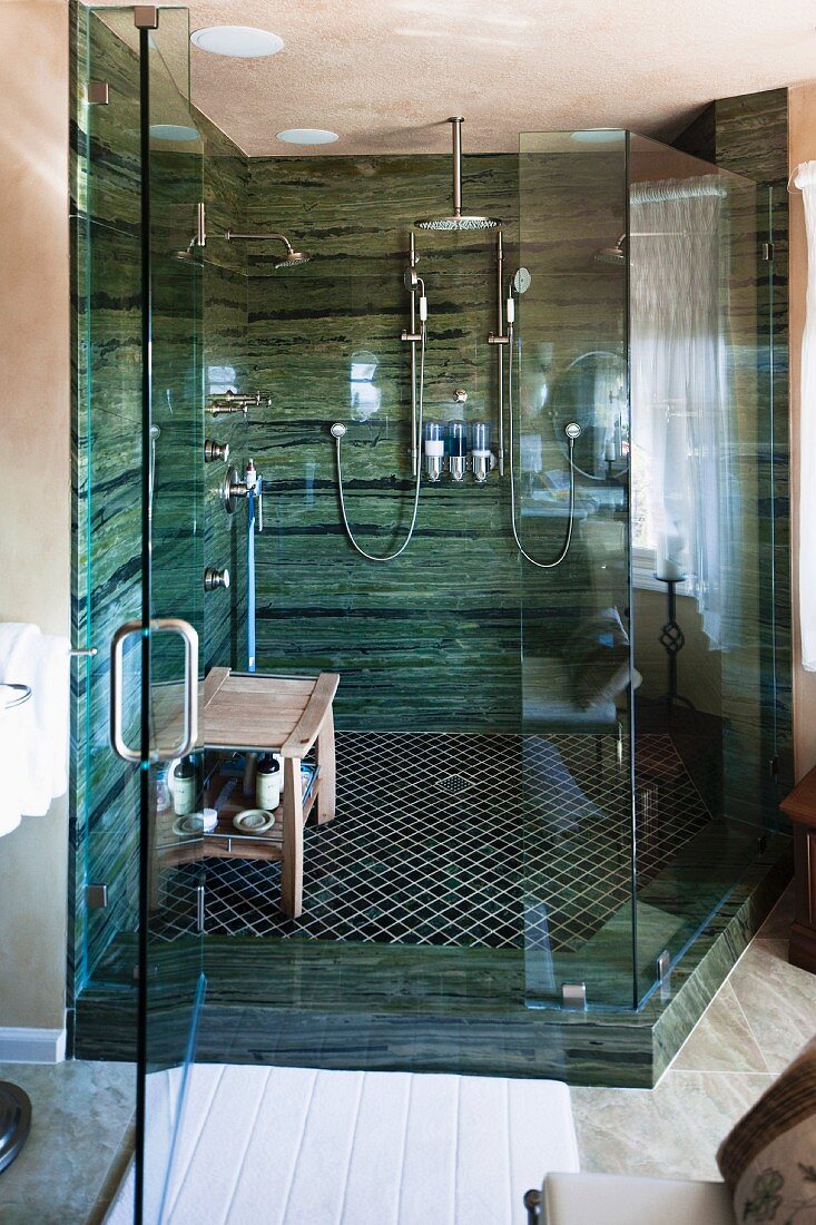 Contemporary bathroom with glass shower; Laguna Niguel; California; USA