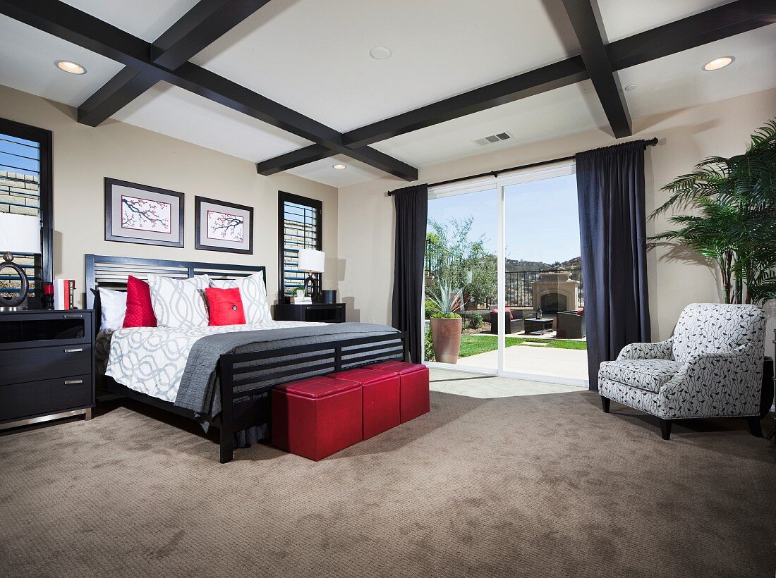 Master bedroom with coffered ceiling; Valencia; California; USA