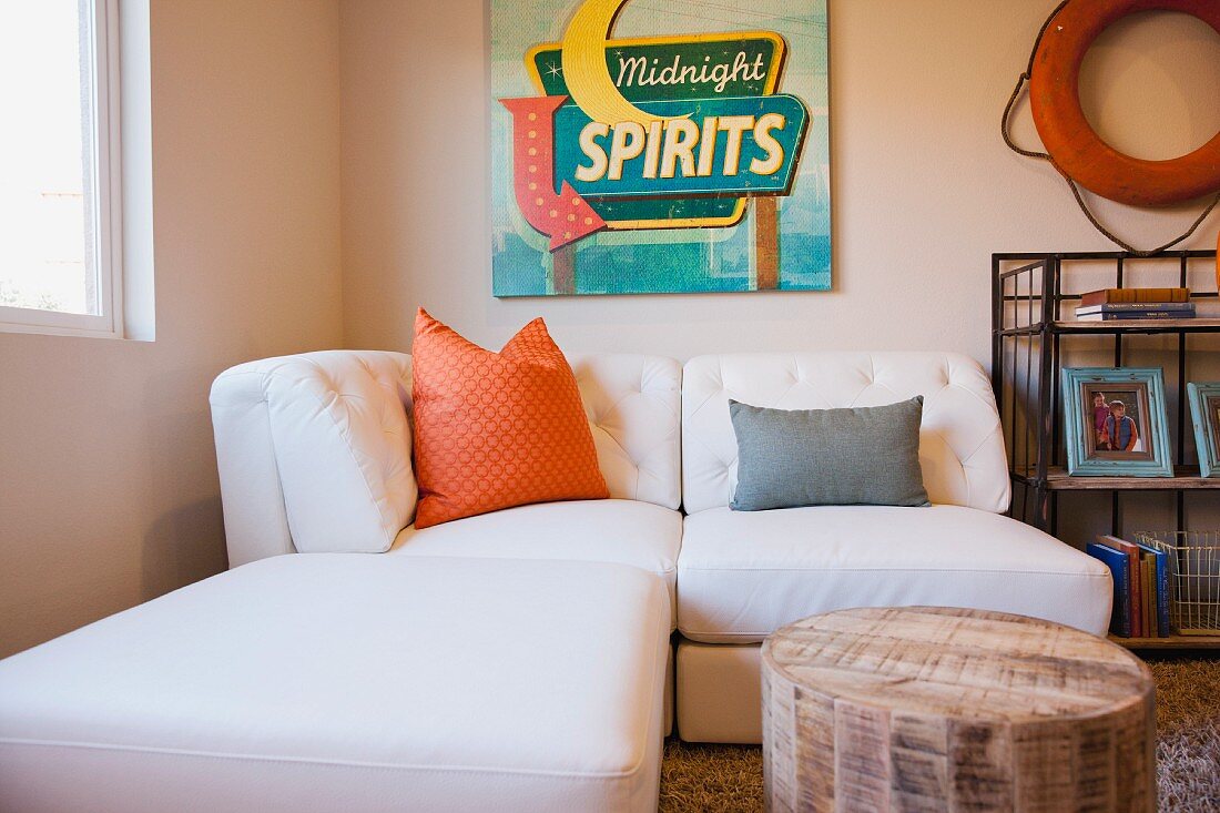 Contemporary living room with white sofa; Moreno Valley; California; USA
