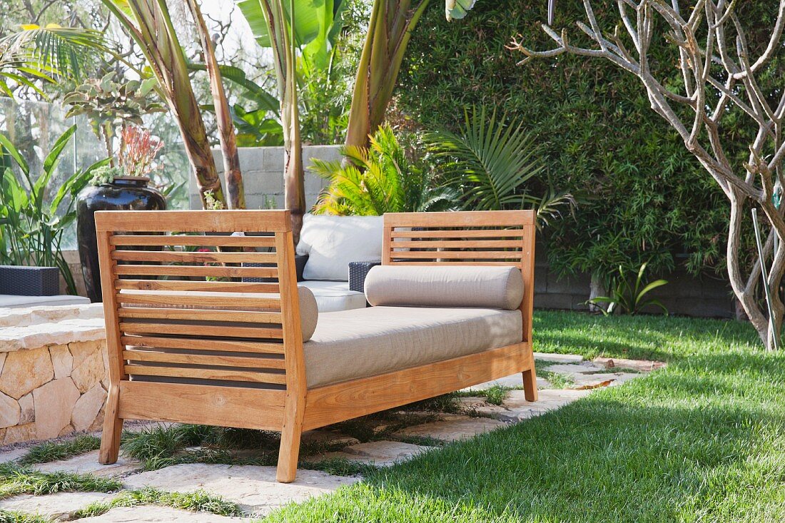 Cushioned bench on patio; Dana Point; California; USA