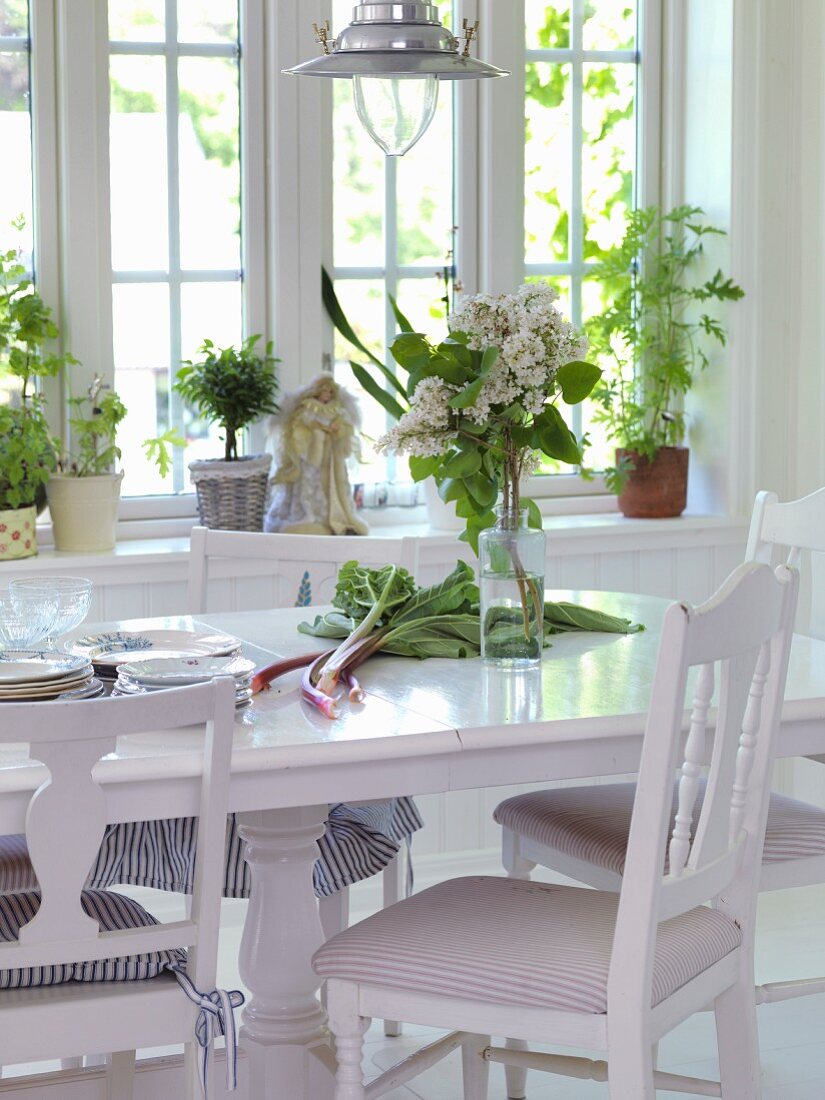 weiße Stühle um Esstisch mit Rhabarber und Flieder im Esszimmer