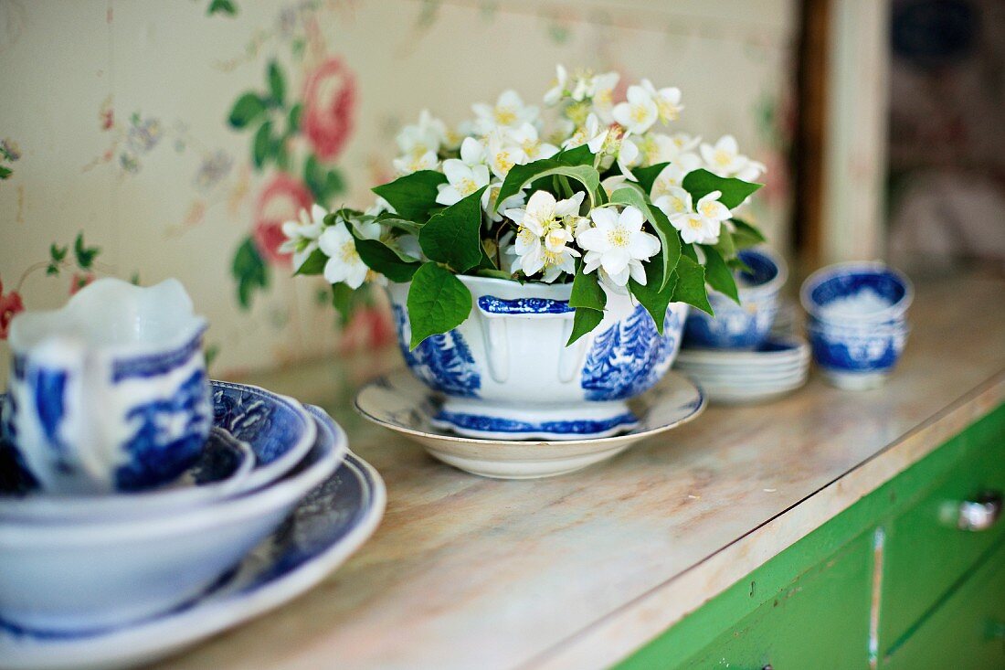 Bowl of jasmine amongst blue and white china crockery