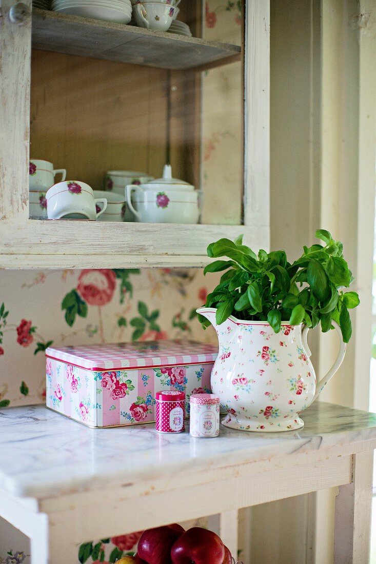 Basil in floral jug on marble-topped table below glass-fronted cabinet on wall