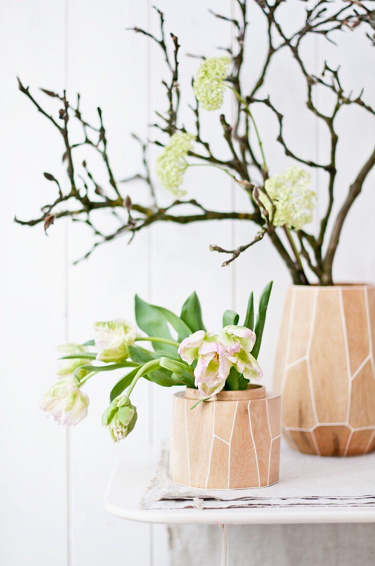 Verblühter Magnolienzweig, Schneeballblüten und Papageientulpen in Vasen aus Mangoholz