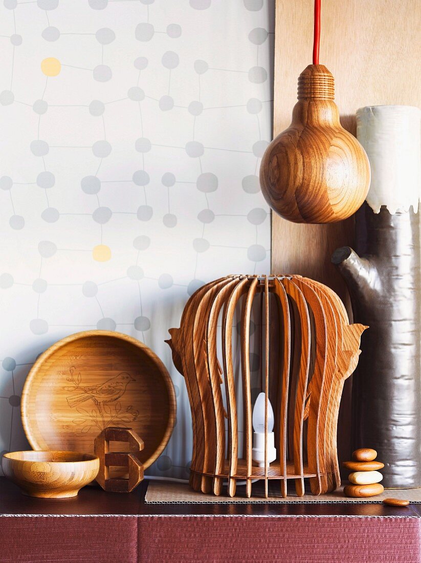Artistic wooden bowls and lampshades