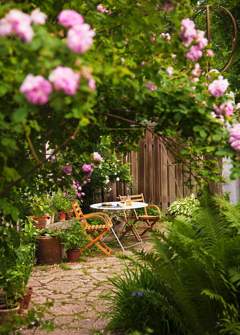 Terassenplätzchen mit Holzstühlen um Tisch vor Gartenzaun aus Holz, in Garten mit blühenden Rosenbüschen