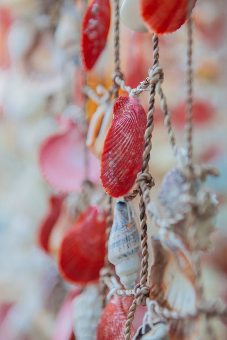 Close up of fishing net decorated with seashells