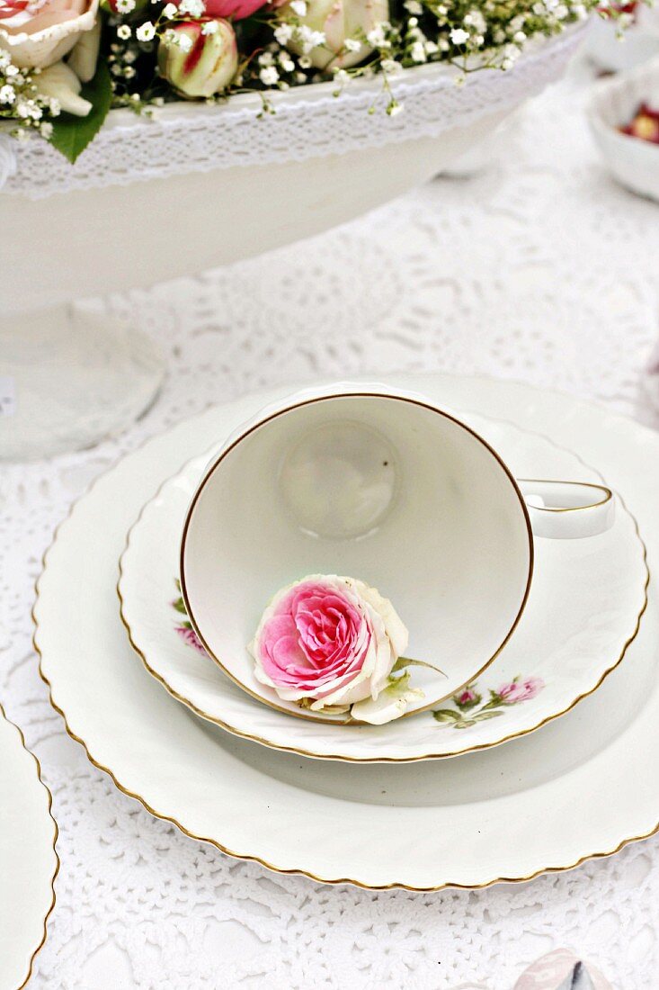 White place setting decorated with rose of the variety 'Mini Eden'