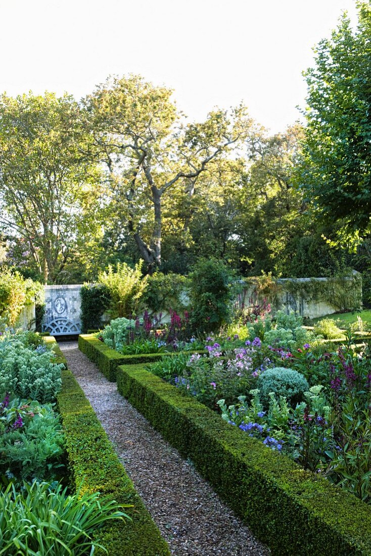 Beds surrounded by low hedges and flowering plants in landscaped garden