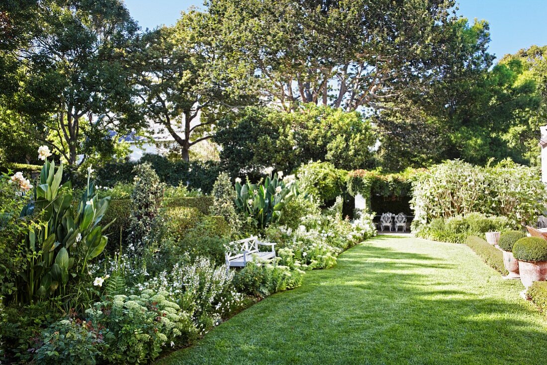 Sonniger Garten mit schmalem Rasenstreifen, zwischen Blumen weiße Sitzbank