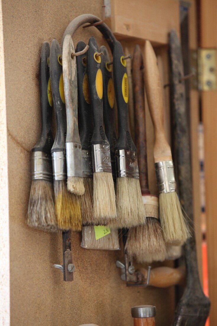 Various paintbrushes and fretsaw in carpenter's tool cabinet