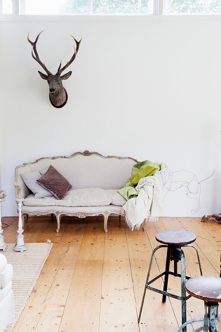 Antike Couch, darüber Rentierkopf in hellem Wohnzimmer