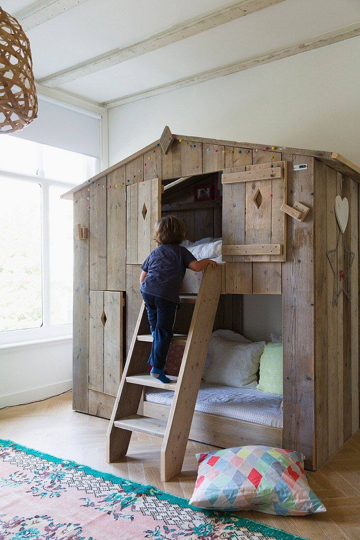 Two Children S Cubby Beds In Rustic, Cubby Bunk Bed