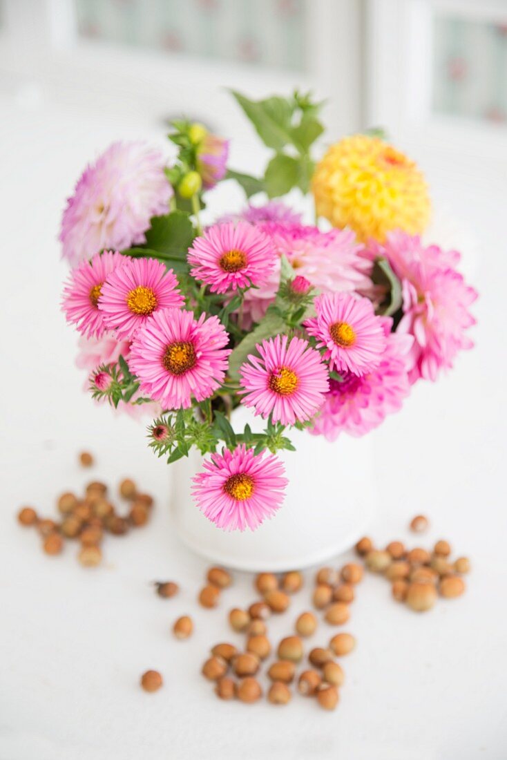 Pink asters and yellow dahlia in white vase and hazelnuts scattered on surface