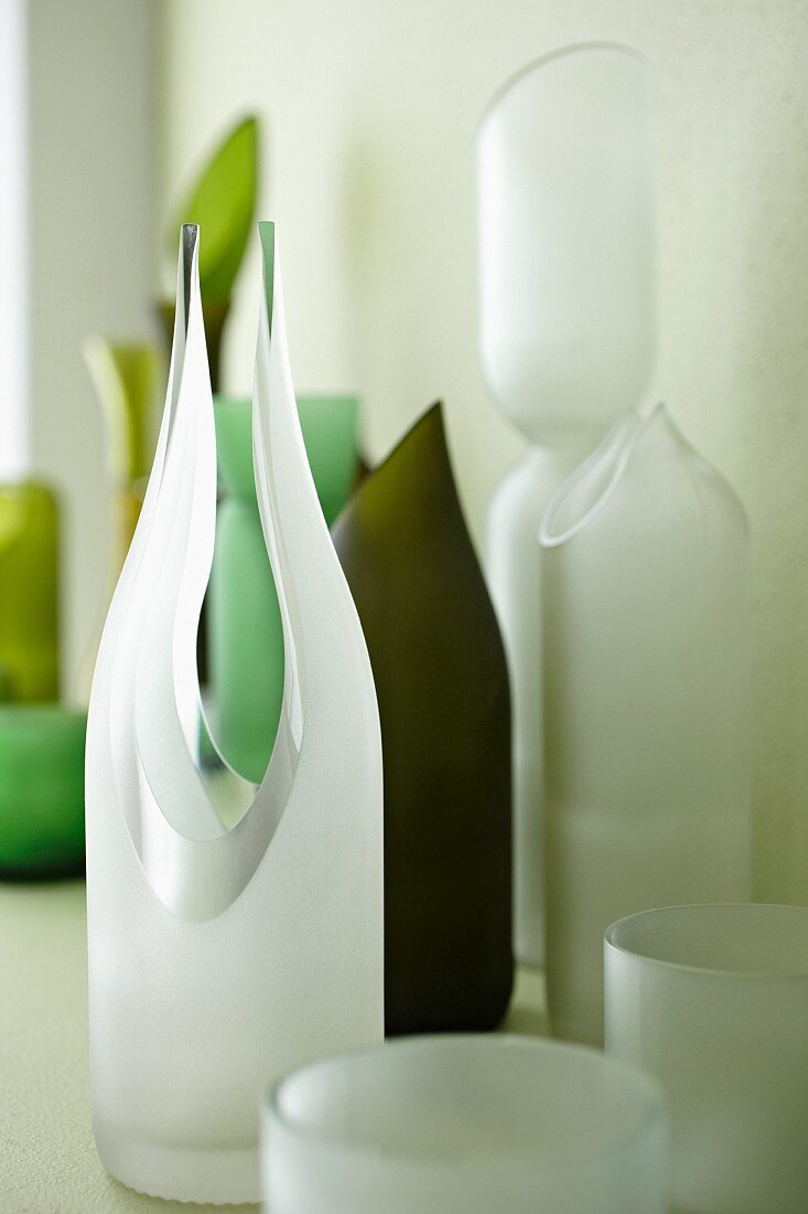 Collection of white and green designer vases