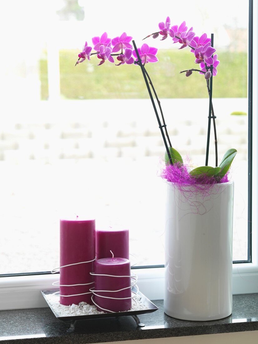 Purple orchids in white vase next to group of purple candles on windowsill