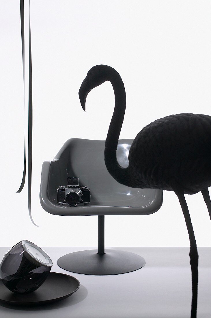 Stillleben mit Silhouette einer Flamingofigur und Fotoapparat auf Schalensessel