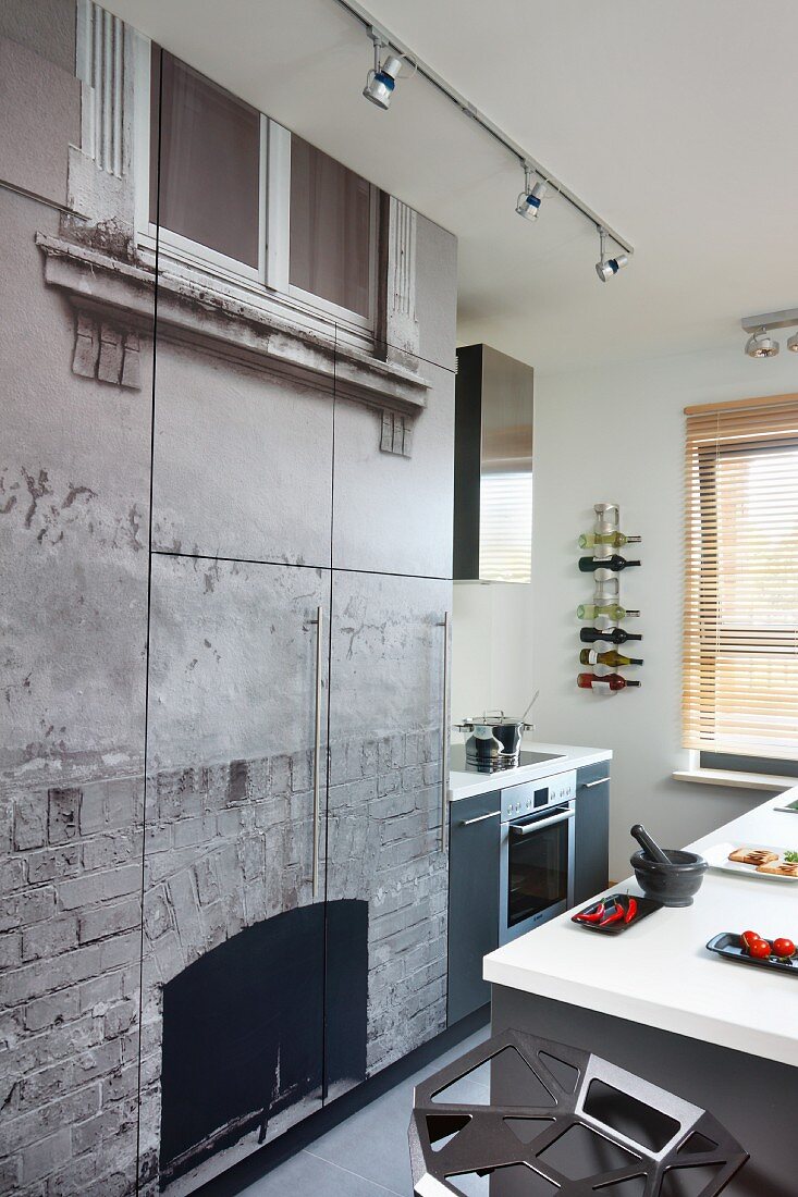 Fitted kitchen cupboards with photo mural on fronts