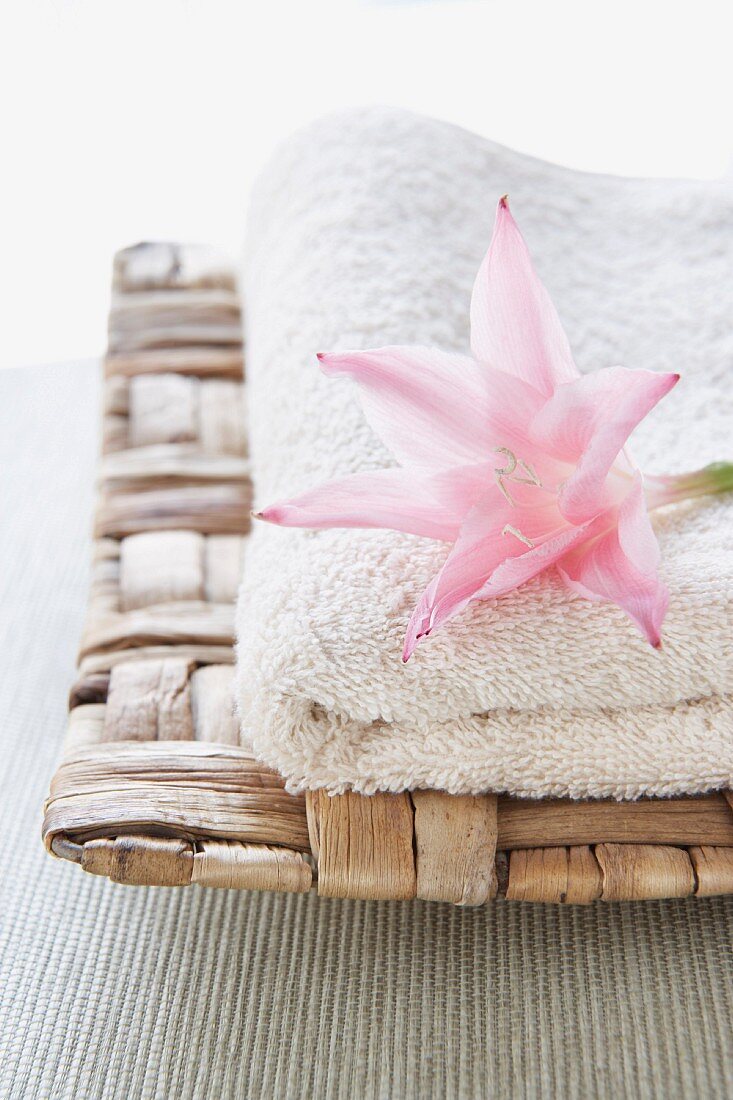 Weiches Handtuch auf Korbschale mit rosa Blüte