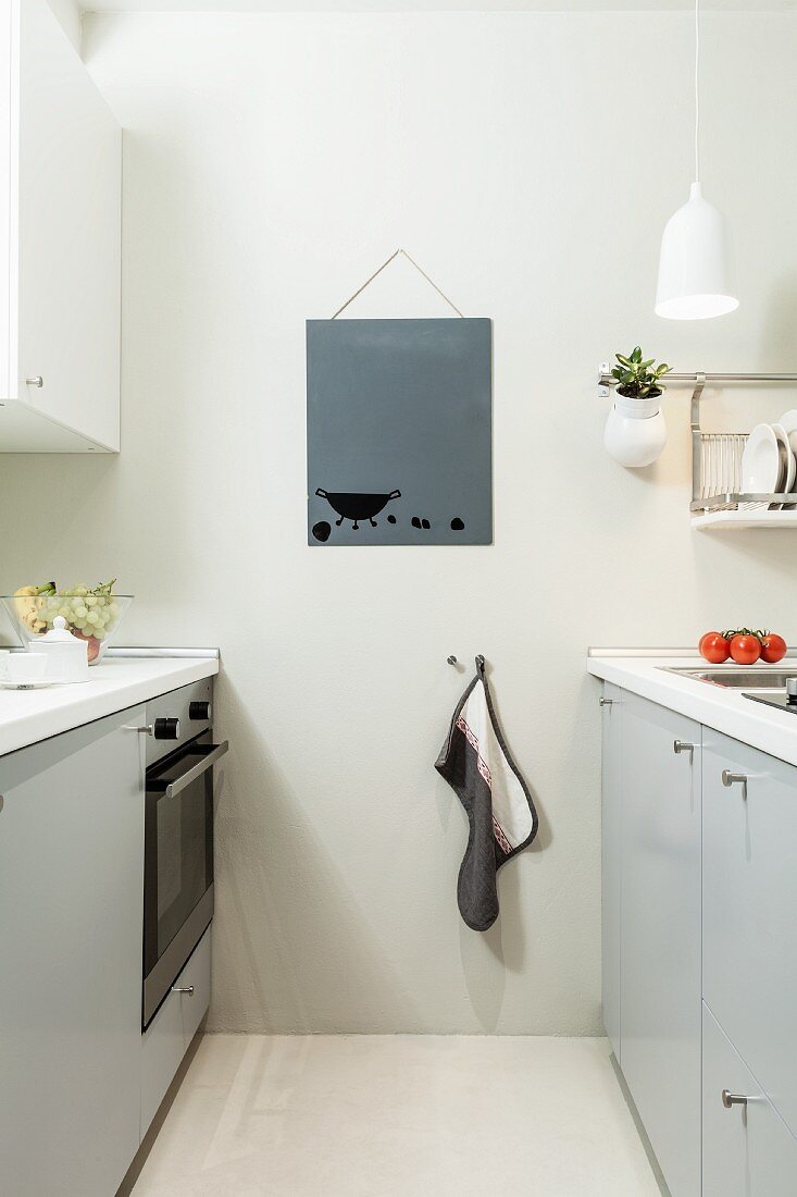 Zwei sich gegenüberliegende hellgraue Küchenzeilen mit aufgehängtem Geschirrtuch und Bild an der Wand
