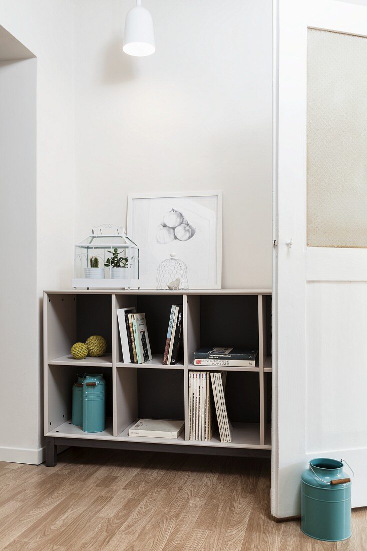 Books, light blue, retro milk churns, white terrarium and framed drawing on open-fronted shelves in living area