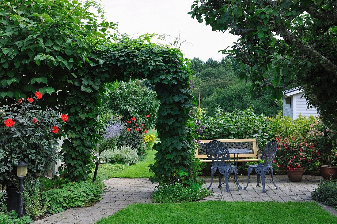 Sitzplatz in blühendem Garten, Metallstühle im Rokokostil auf gepflastertem Boden, seitlich berankter Torbogen
