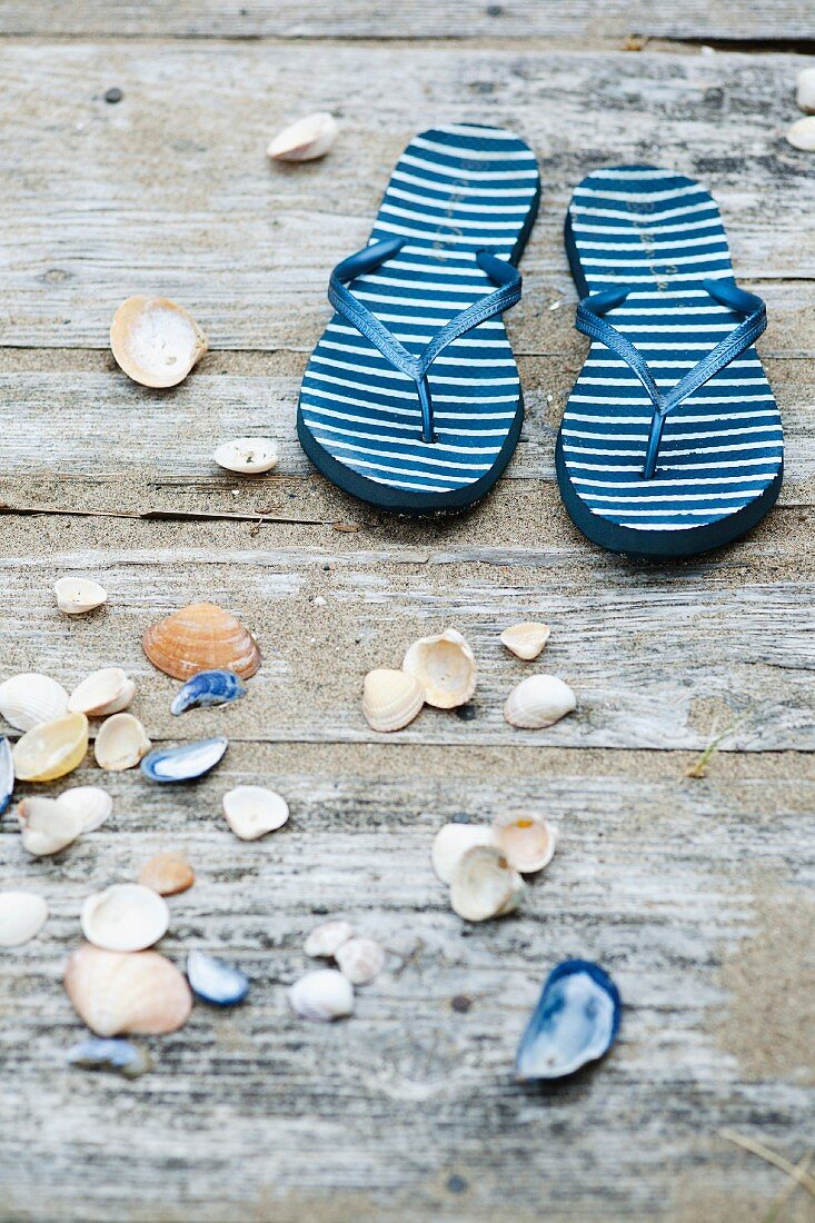 Flip flops and seashells on weathered wooden surface