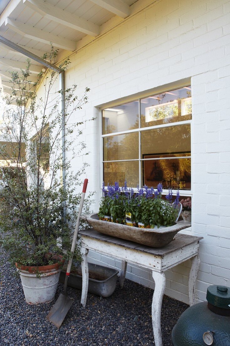 Blumenschale auf ländlichem Tisch vor geweisselter Hausfassade mit Sprossenfenster