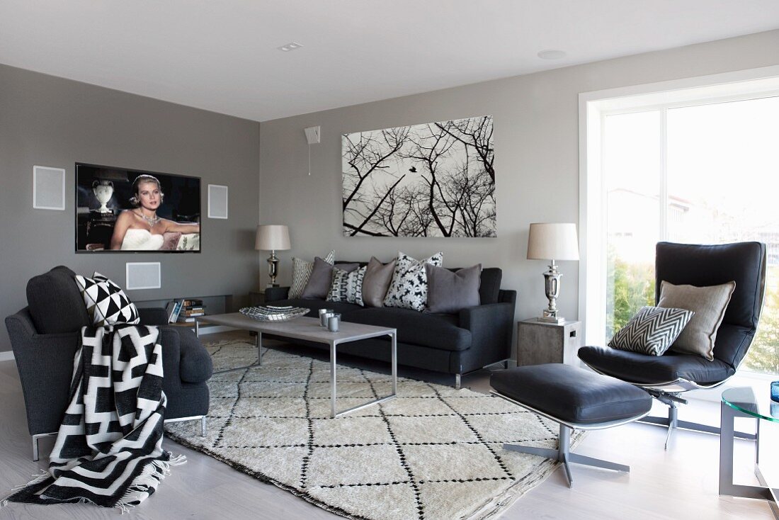 Black Sofa Grey Carpet Living Room