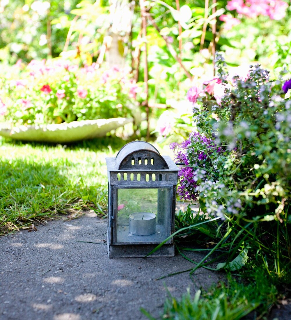 Laterne mit Teelicht auf Steinplatte in blühendem Garten