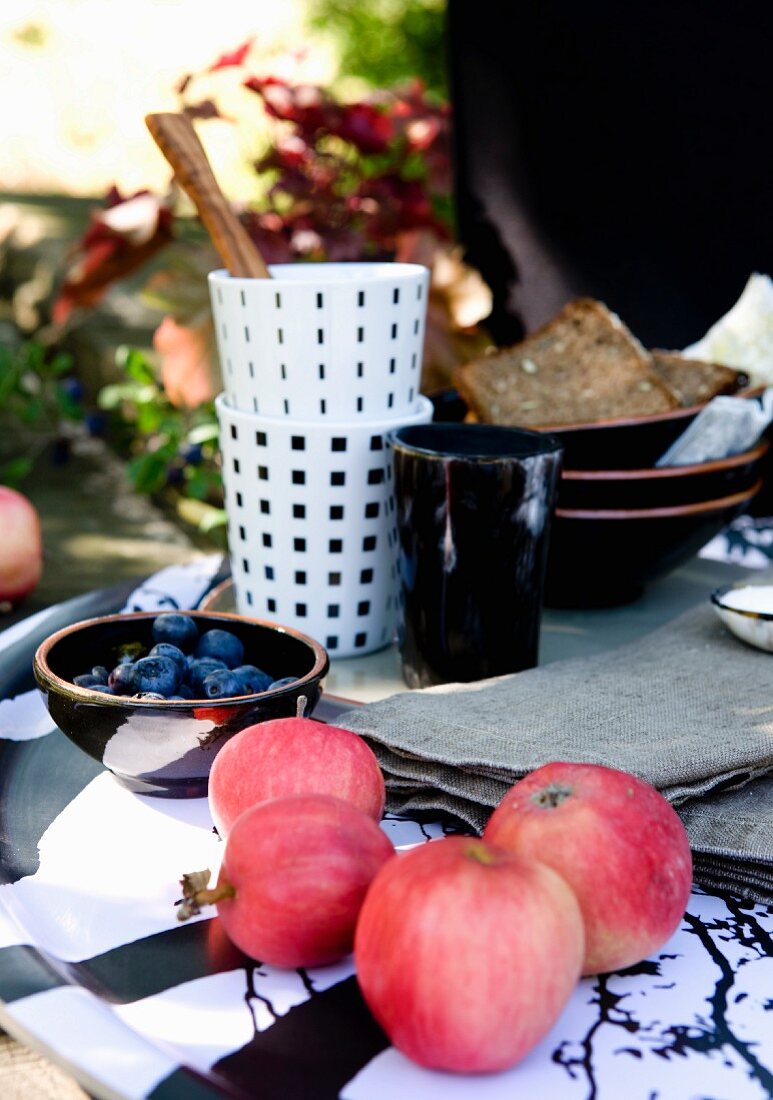 Red apples, bowl of blueberries and crockery on table outdoors