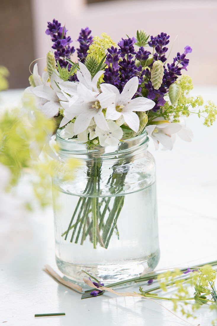 Posy of cut flowers with lavender
