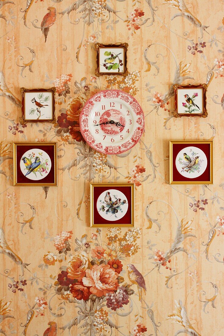 Collection of framed pictures of birds surrounding clock made of red and white wall plate on floral wallpaper