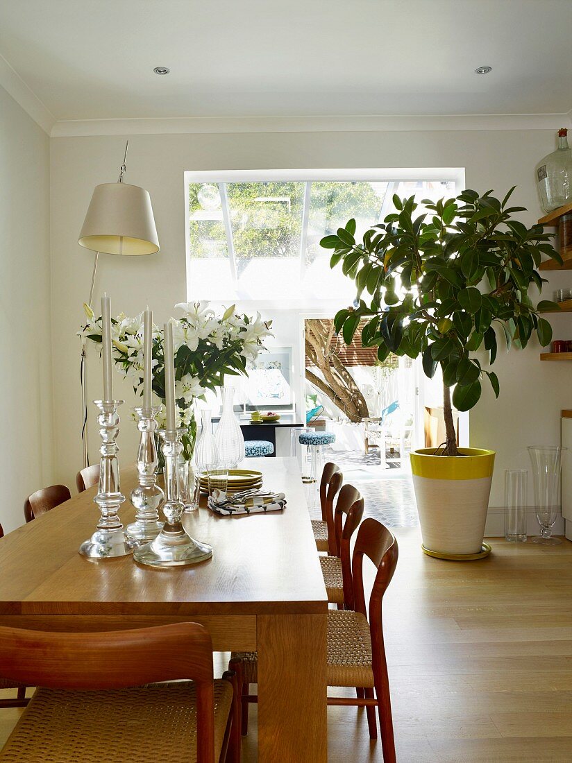 Glass candlesticks on oak dining table with matching chairs in front of rubber plant next to wide, open doorway in background