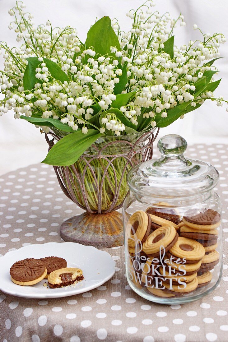 Biscuits in glass jar and on plate in front of vase of lily-of-the-valley on brown tablecloth with white polka dots