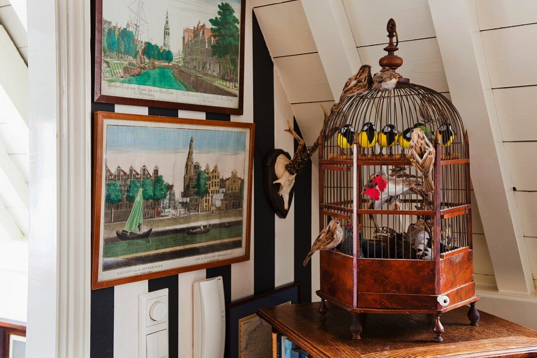 Antique, ornamental bird cage below white, wood-clad sloping ceiling next to historical cityscapes on wallpaper with wide stripes