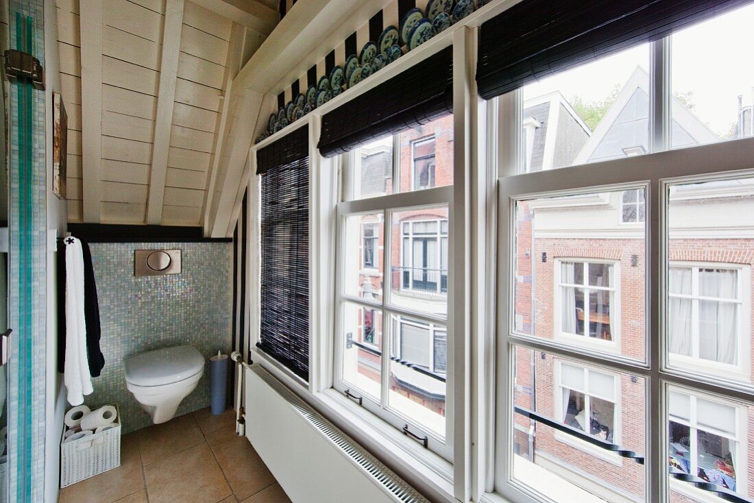 Gable-end windows in attic bathroom with view of houses on opposite street side; screened toilet mounted on knee wall