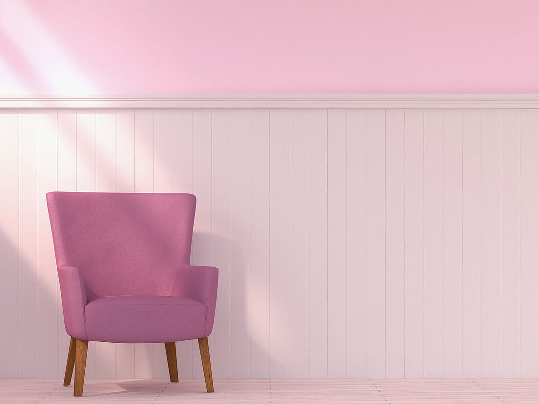 Mauvefarbener Polstersessel vor pink getönter Wand mit halbhoher Holzverschalung