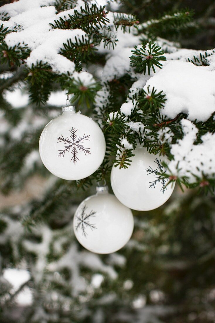 weiße Christbaumkugeln mit Schneekristallmotiv an verschneite Tannenzweige gehängt
