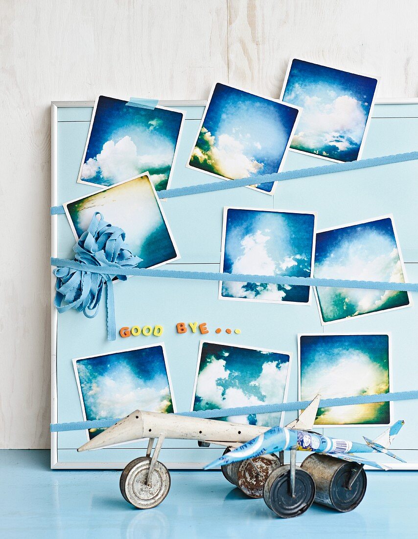 Photos of clouds on hand-made pinboard