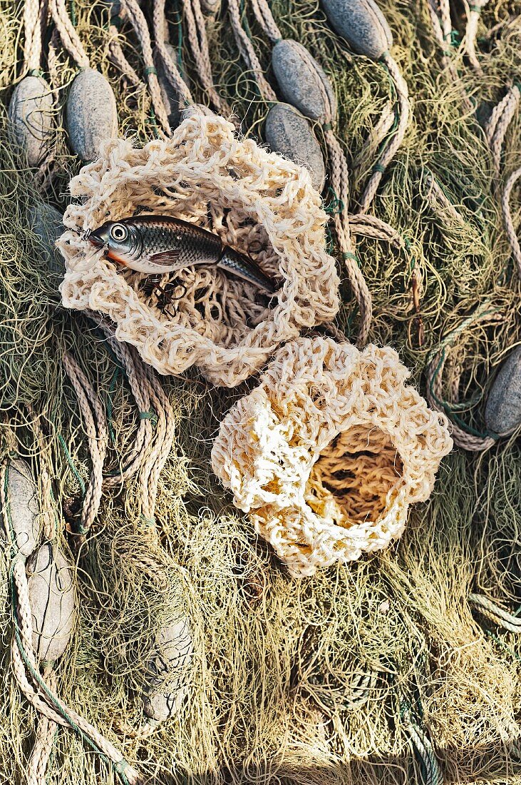 Maritime ornamental crocheted fishing nets